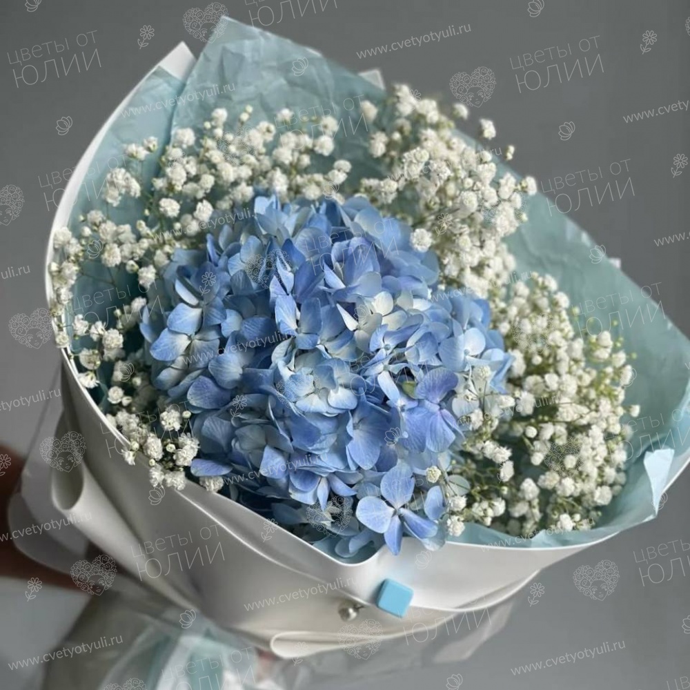Букет из синей гортензии и гипсофилы