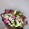 Букет «Розовый рассвет» с лилиями, розами и хризантемами