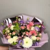 Букет «Сиреневый акварель весны» с розами, хризантемой и эустомой