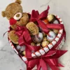 Композиция «Сладкое сердце с мишкой» с Kinder, Ferrero Rocher и мягкими игрушками