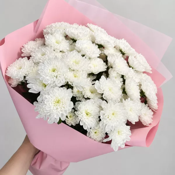 Букет «Белый иней» из 9 белых кустовых хризантем