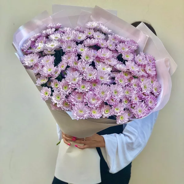 Букет «Розовый хоровод» из 17 розовых кустовых хризантем