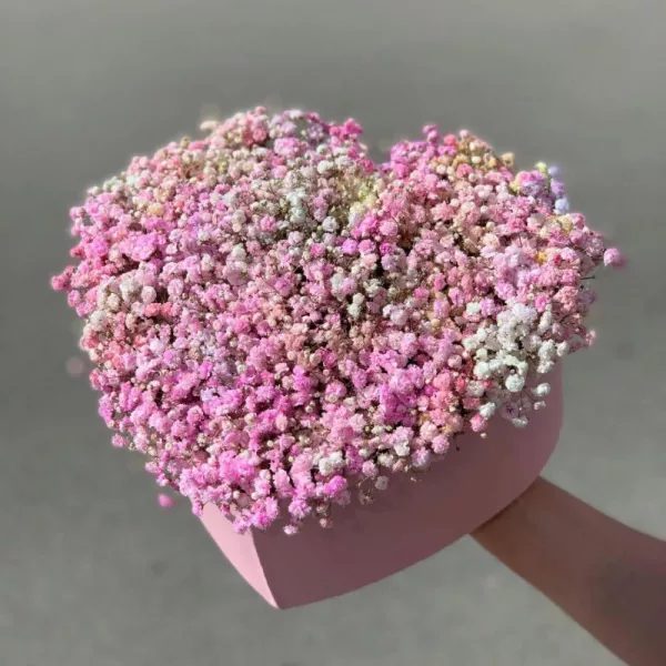Коробка-сердце из розовой и белой гипсофилы в розовой коробке, вид сверху