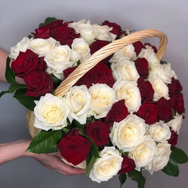 Корзина из 51 красной и белой розы с писташем в плетёной корзине, вид сверху