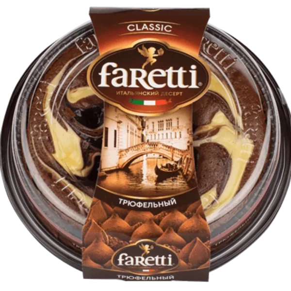 Торт Faretti Трюфельный Classic в прозрачной упаковке, тёмный шоколадный бисквит с кремом
