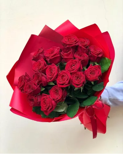 Монобукет из 19 красных роз куполом в красной дизайнерской упаковке