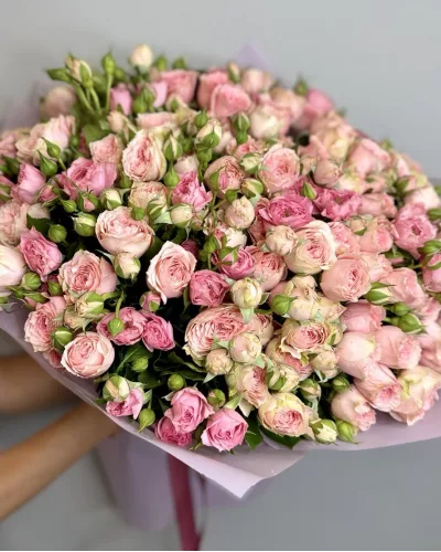 Пышный букет из 39 розово-пудровых кустовых роз в пастельной упаковке с атласной лентой