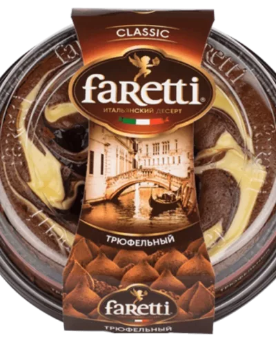 Торт Faretti Трюфельный Classic в прозрачной упаковке, тёмный шоколадный бисквит с кремом