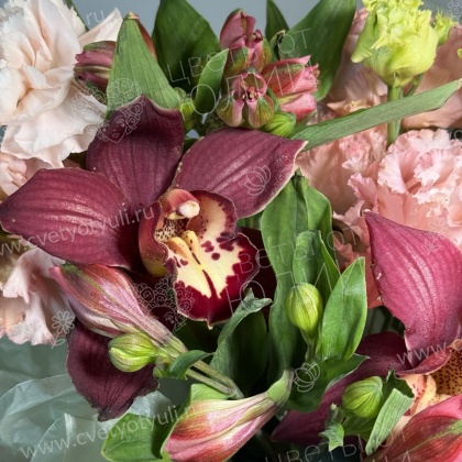 Букет «Бордовый шик» с орхидеями, эустомой и альстромериями