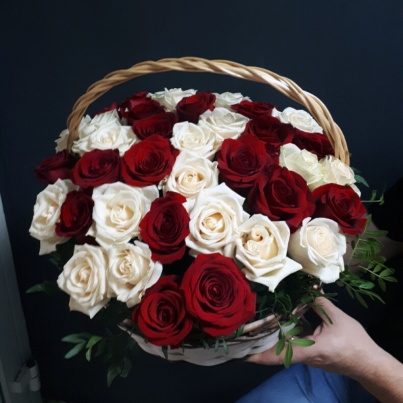 Корзина из 51 красно-белых роз